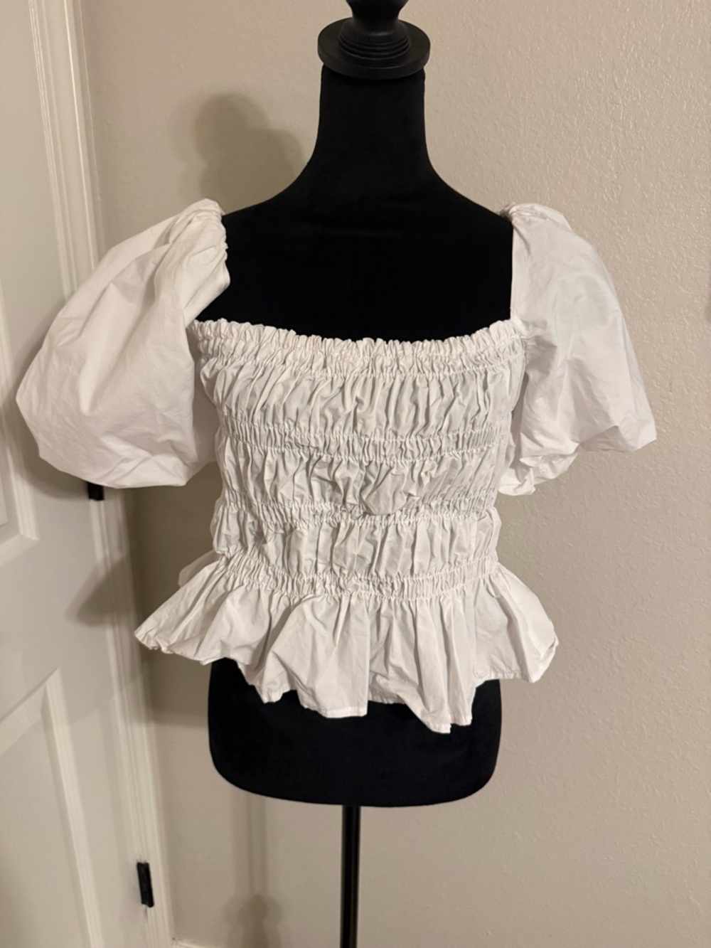 Astr White Smocked Puff Sleeve Peplum Top